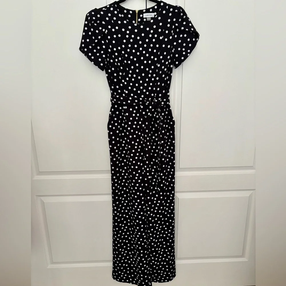 Calvin Klein Black Polka Dot Jumpsuit | Size 4 | Belted, Back Zip, Short Sleeve